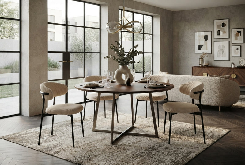 Pendle — Chaise en velours côtelé beige, piètement métal noir en situation
