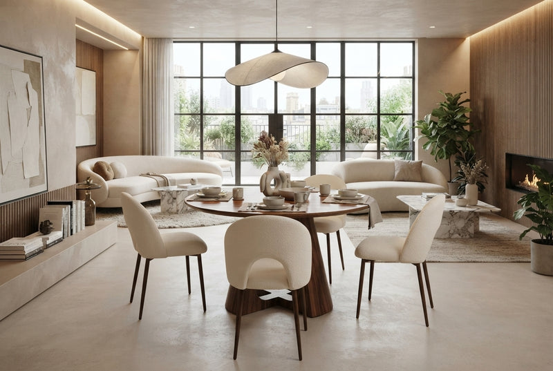 Netherby — Chaise en velours beige, piètement effet noyer en situation