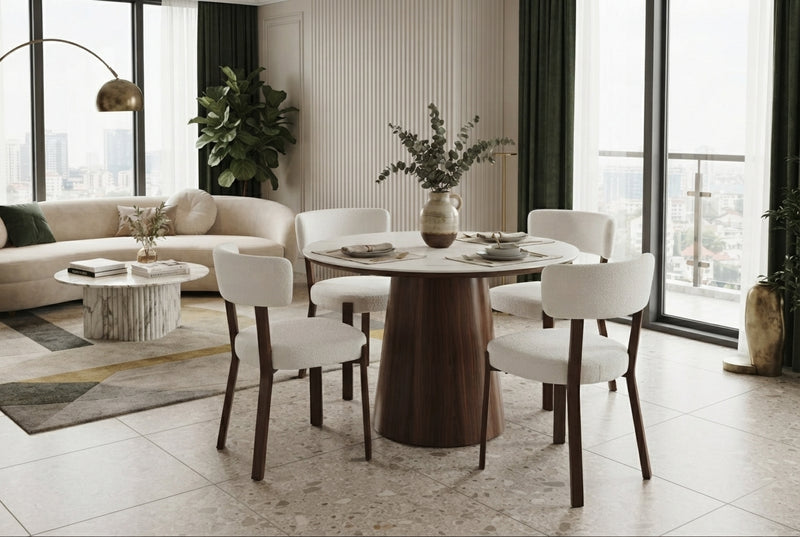 Thornby — Chaise en tissu Marbella beige, piètement effet noyer en situation