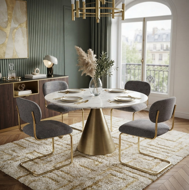Elmore — Chaise en tissu Marbella anthracite, piètement doré en situation