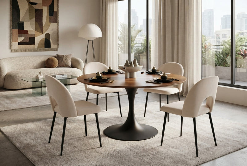 Netherby — Chaise en velours beige, piètement métal noir en situation