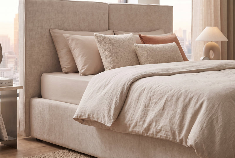 Olivia Chenille — Lit coffre beige, 180 x 200 cm en situation