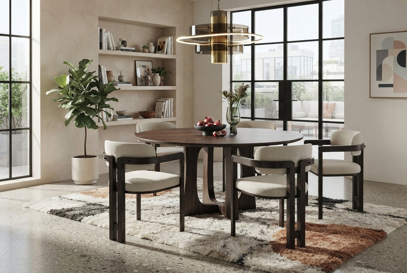 Blackwell — Chaise en grain sable, piètement effet noyer en situation