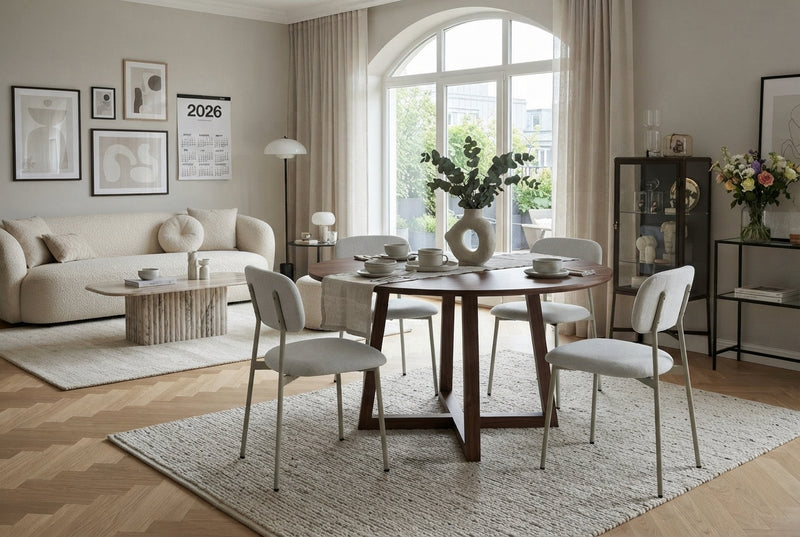 Cavendish — Chaise en tissu heritage beige, piètement métal taupe en situation