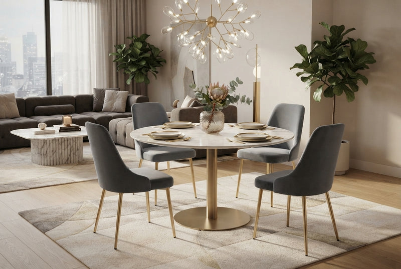 Faringdon — Chaise en velours gris, piètement gold en situation