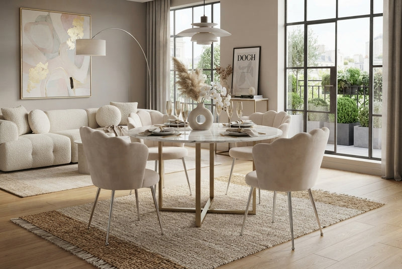 Tavistock — Chaise en velours beige, piètement chromé en situation