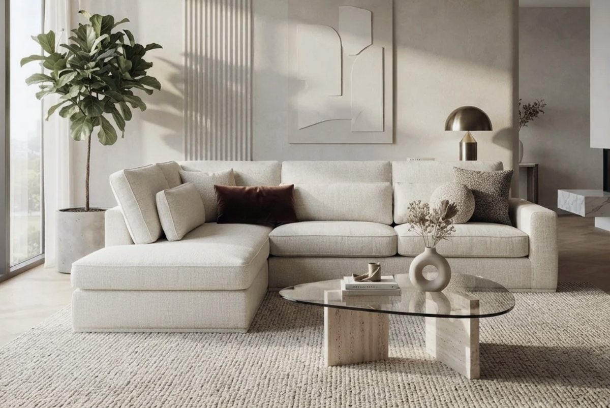 Ashbury, canapé d'angle en tissu beige, dans un salon chaleureux et minimaliste
