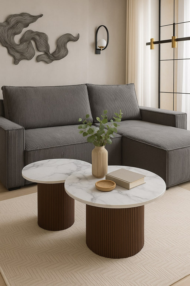 Renwick — Table basse gigogne en céramique marbre blanc