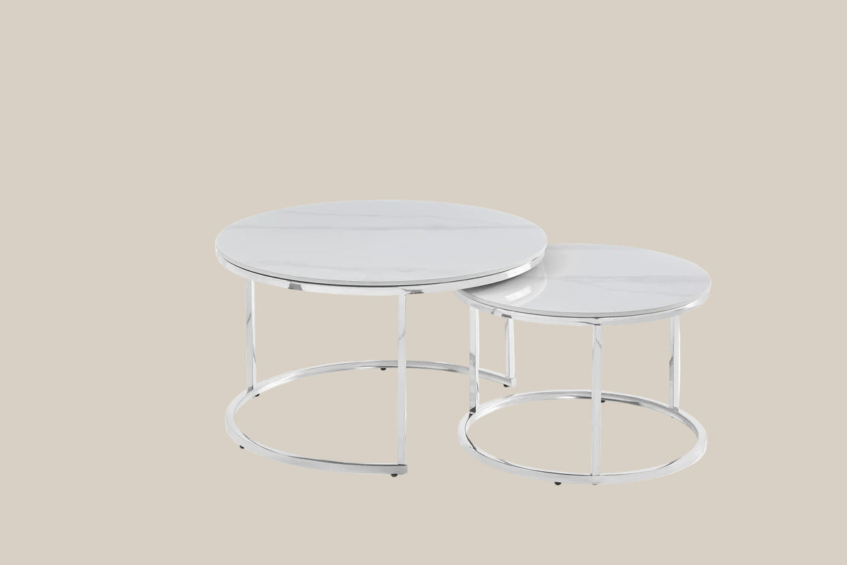 Vernham — Table basse gigogne en céramique marbre blanc — vue 1