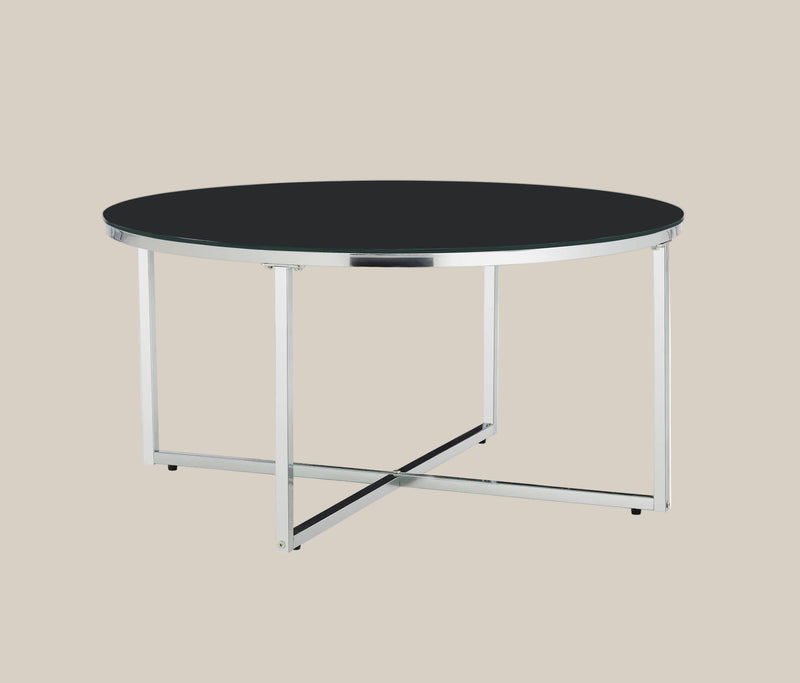 Hollis — Table basse ronde en verre et chrome en situation