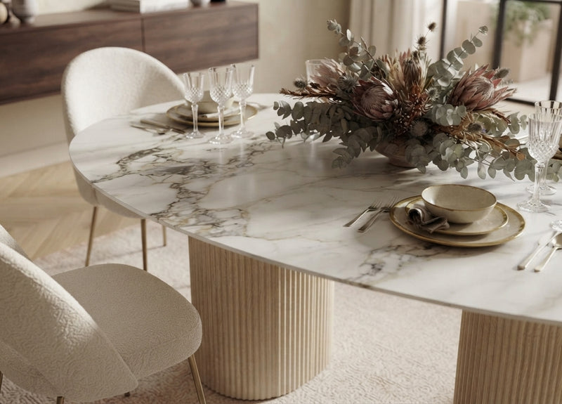 Jerley — Table à manger en céramique effet marbre blanc en situation