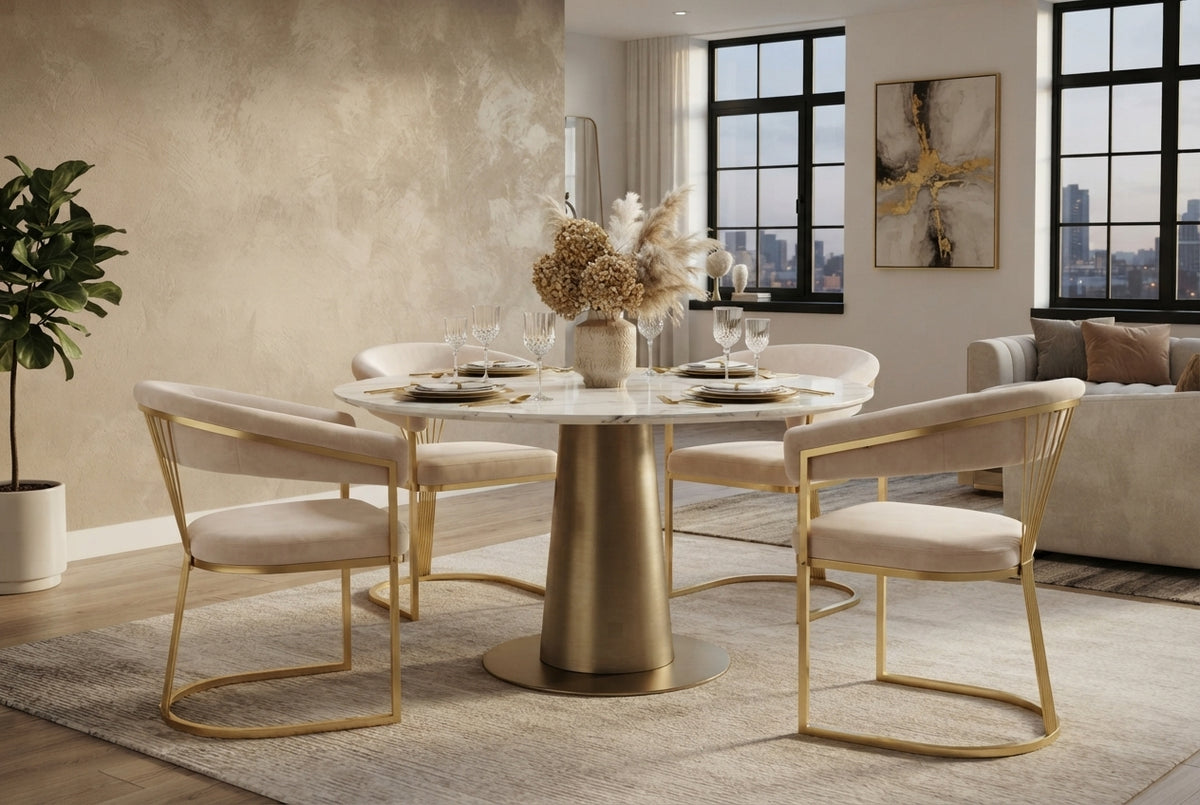 Falmere — Chaise avec accoudoirs en velours beige, piètement gold — vue 1
