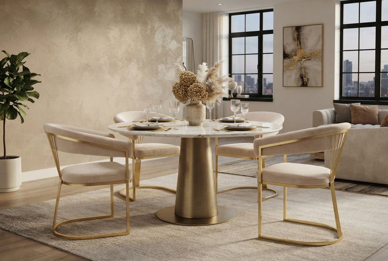 Falmere — Chaise avec accoudoirs en velours beige, piètement gold en situation