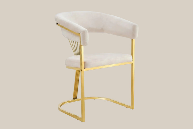 Falmere — Chaise avec accoudoirs en velours beige, piètement gold