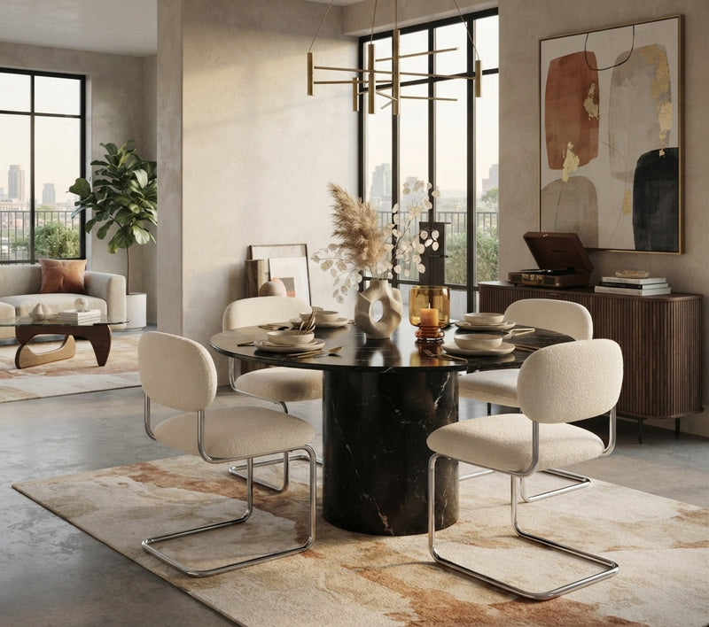 Elmore — Chaise en tissu Marbella beige, piètement chromé en situation