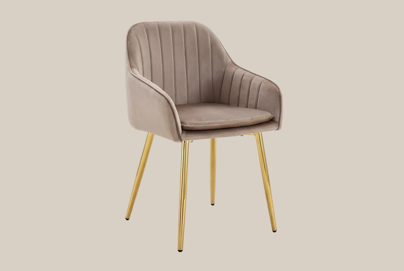 Hartley — Chaise avec accoudoirs en velours taupe, piètement gold