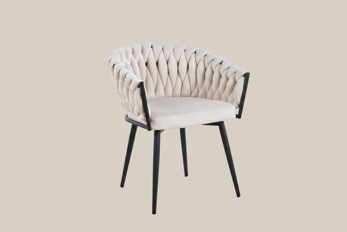 Quinton — Chaise avec accoudoirs en velours beige, piètement métal noir — vue 2