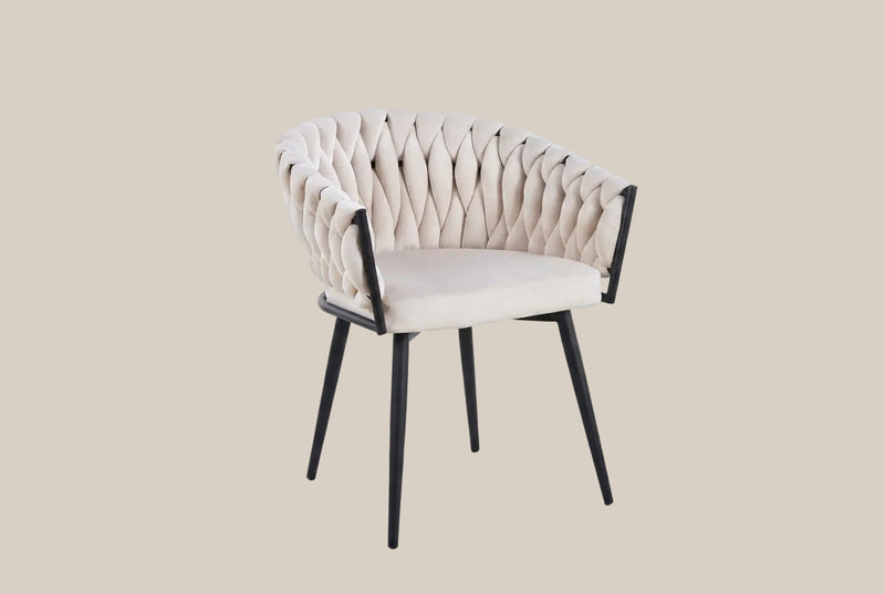 Quinton — Chaise avec accoudoirs en velours beige, piètement métal noir