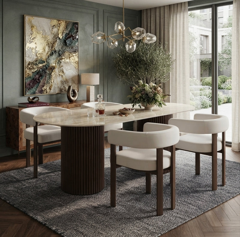 Pelhay — Table à manger en céramique effet travertin brillant