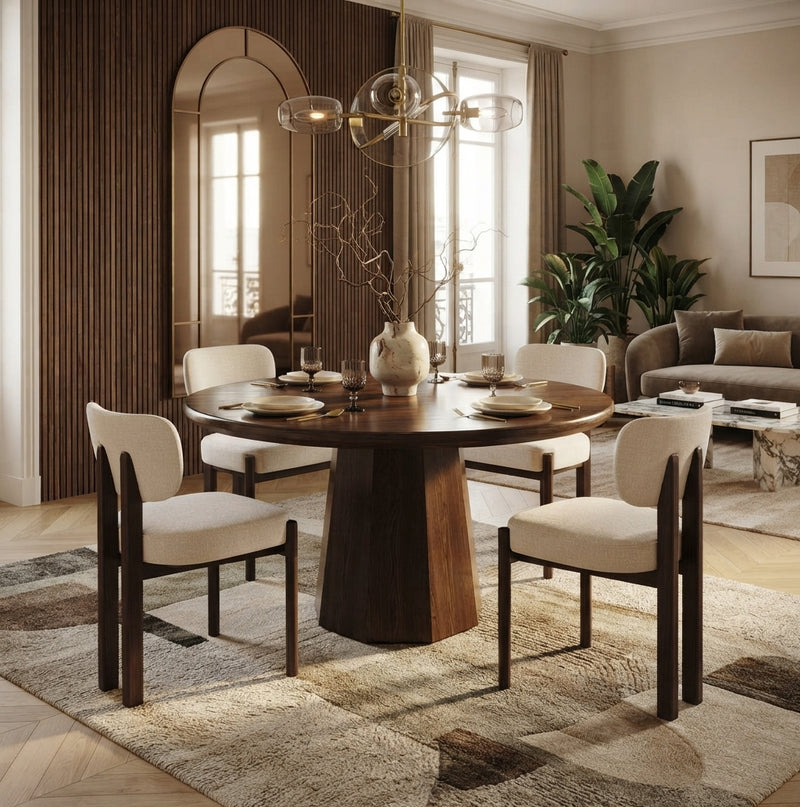 Hadley — Chaise en chenille beige, piètement effet noyer en situation
