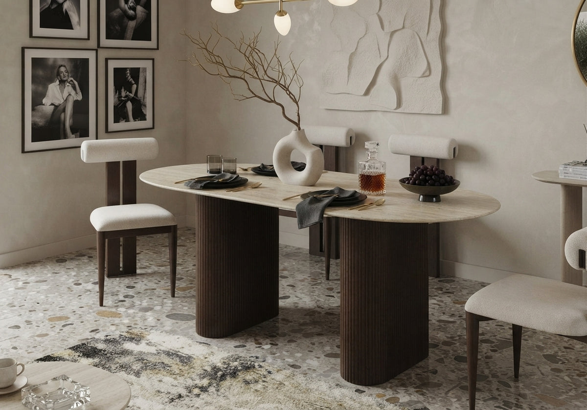Melcombe — Table à manger en céramique effet travertin brillant — vue 1