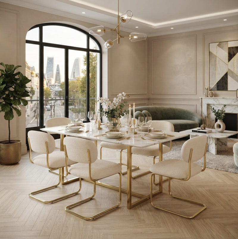 Elmore — Chaise en tissu Marbella beige, piètement doré en situation