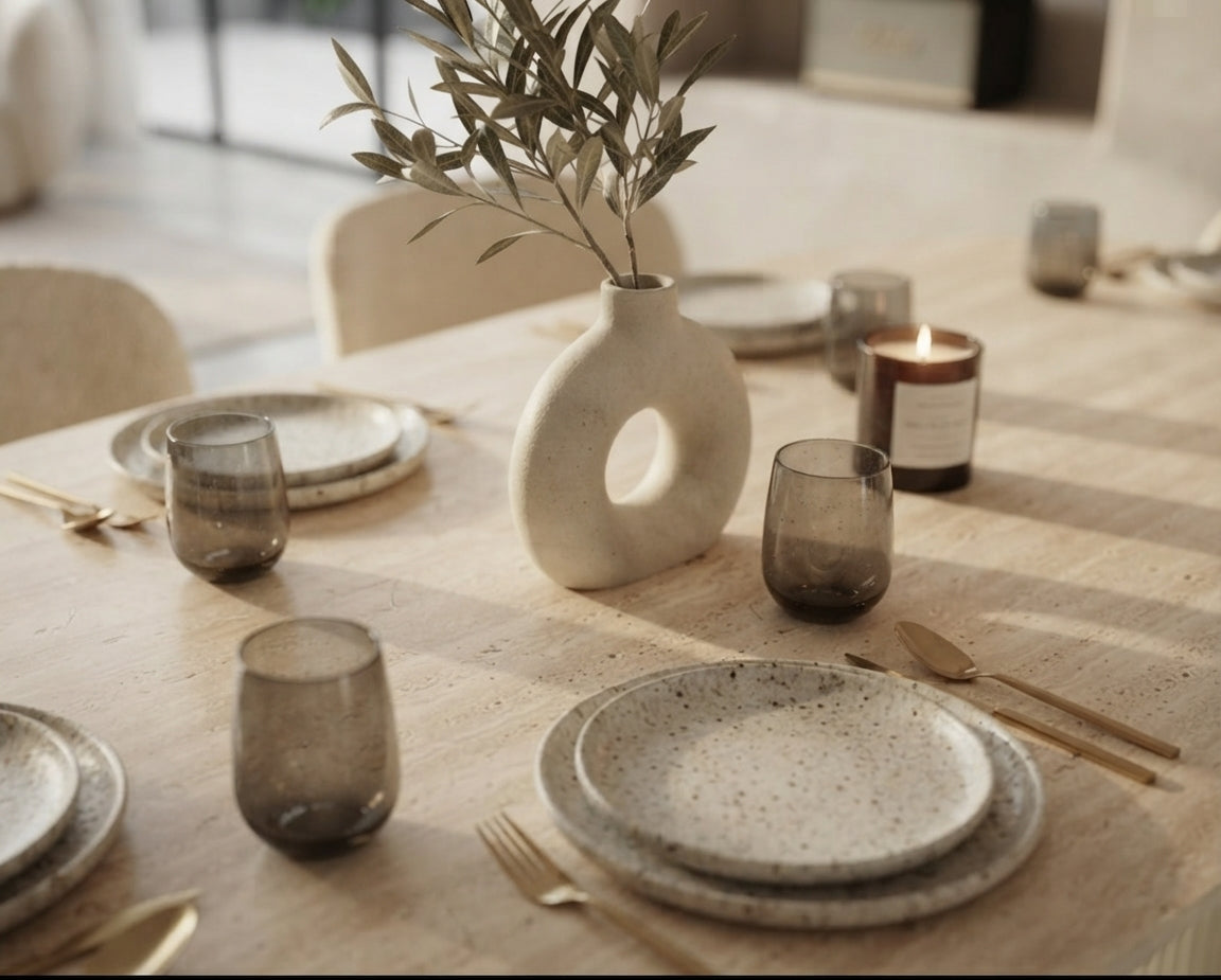 Lynmont — Table à manger en céramique effet travertin mat — vue 1