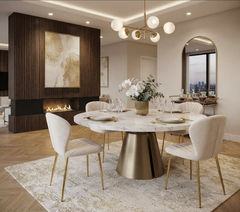 Everly — Chaise en velours beige, piètement doré en situation