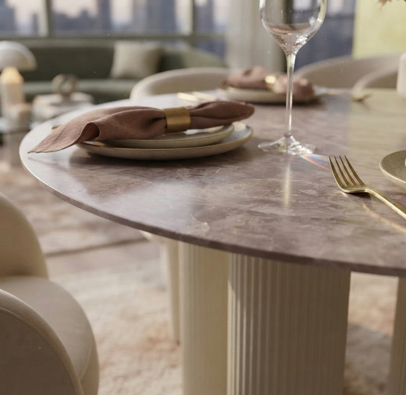 Gatedon — Table à manger en céramique effet marbre gris en situation