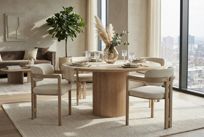 Preston — Chaise en tissu Grain sable, piètement effet chêne griffé en situation