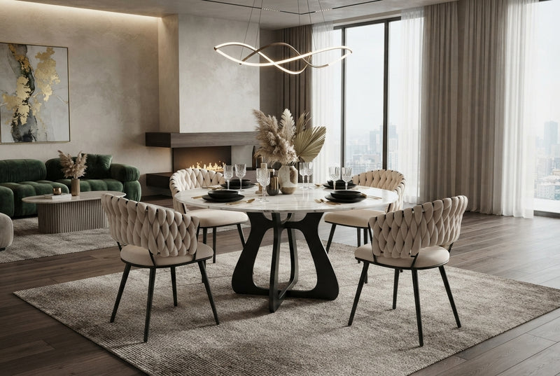 Underwood — Chaise en velours beige, piètement métal noir en situation