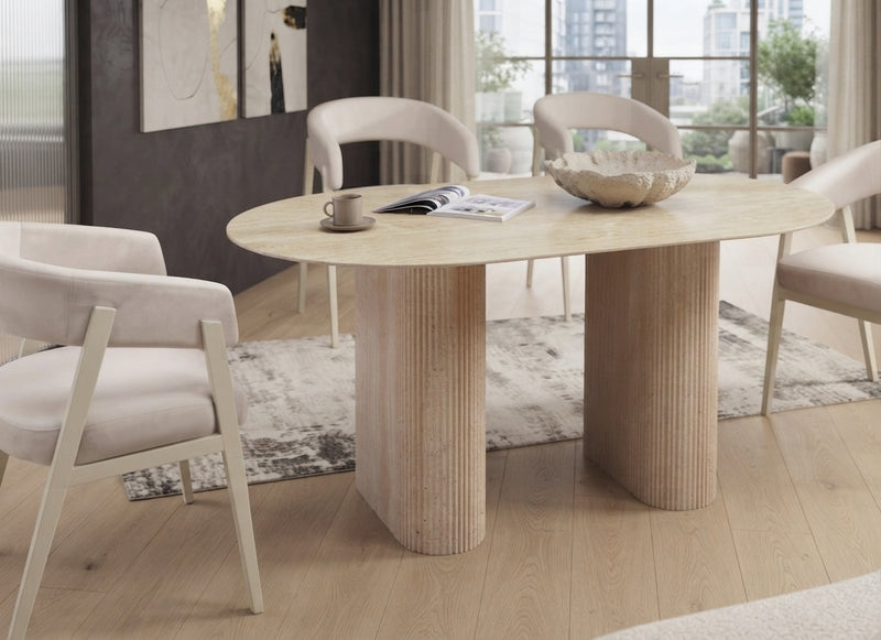 Mosbrook — Table à manger en céramique effet travertin brillant