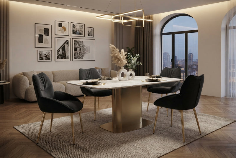 Whitmore — Chaise en coque design noir, piètement gold en situation