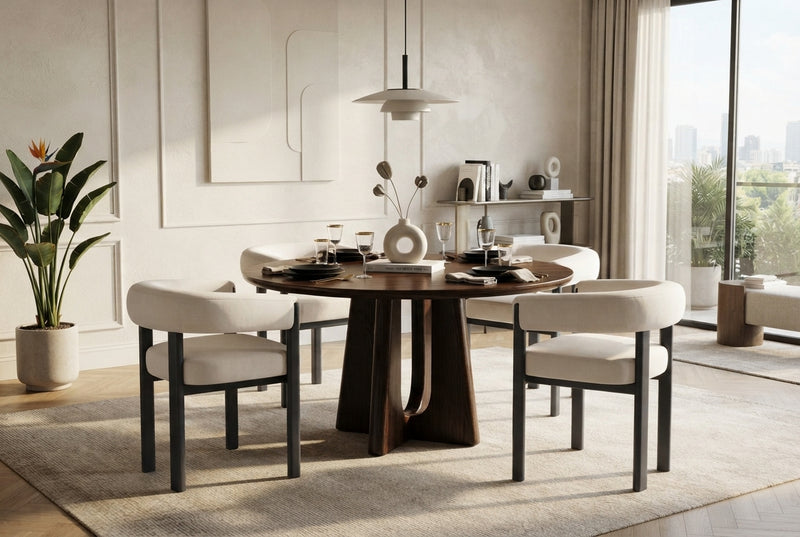 Linton — Chaise en velours beige, piètement métal noir en situation