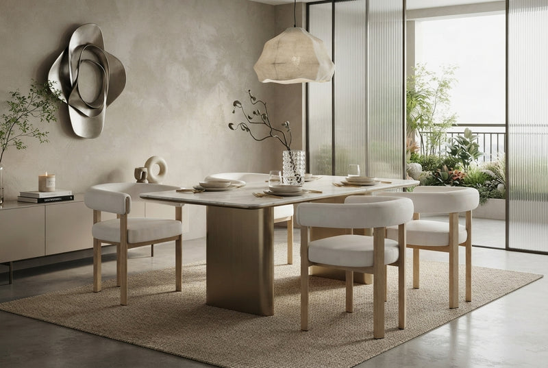 Linton — Chaise en velours beige, piètement effet chêne en situation