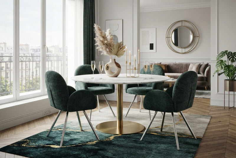 Grovedon — Chaise avec accoudoirs en velours vert sapin, piètement chrome en situation