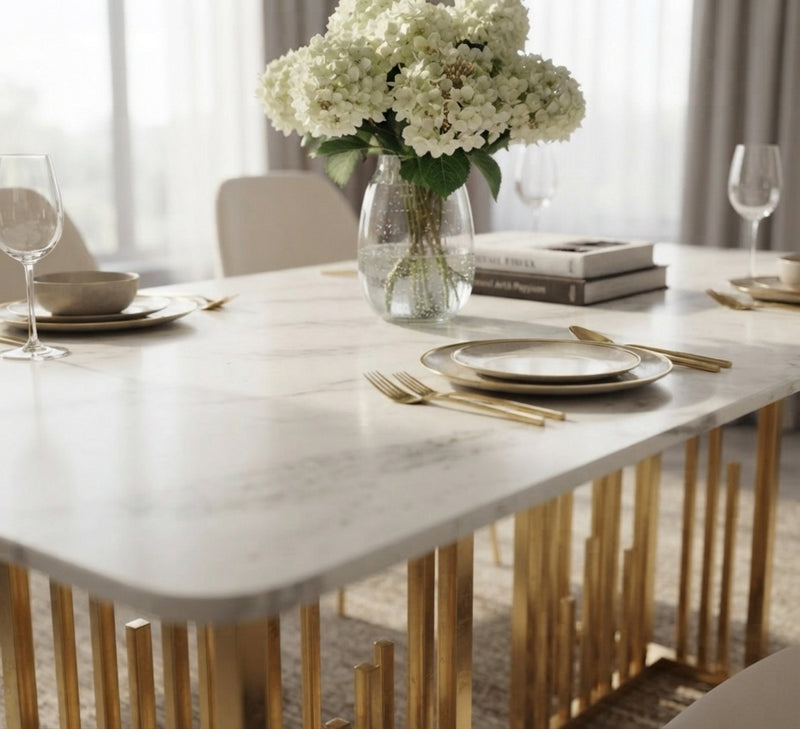 Wraycombe — Table à manger en pierre effet marbre blanc