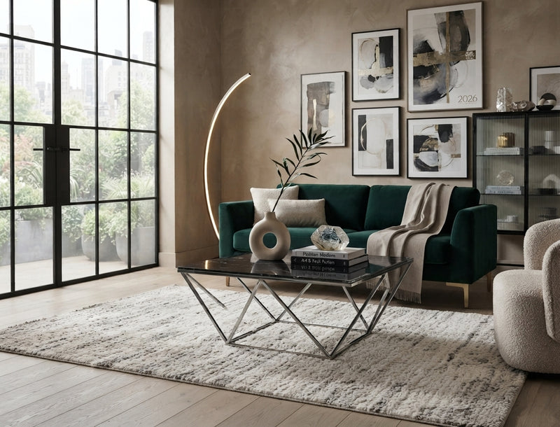 Denby — Table basse carrée en verre et chrome