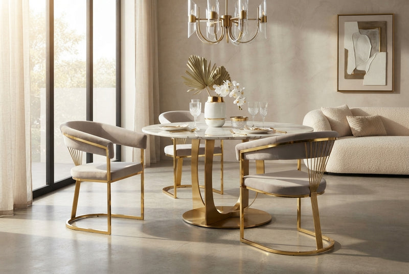 Falmere — Chaise avec accoudoirs en velours moka, piètement gold en situation