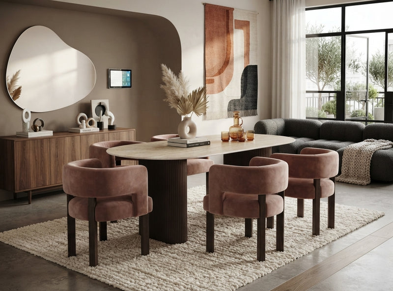 Roxmere — Table à manger en céramique effet travertin mat