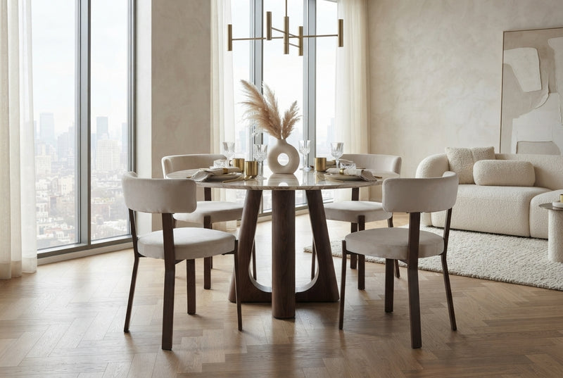 Thornby — Chaise en velours beige, piètement effet noyer en situation
