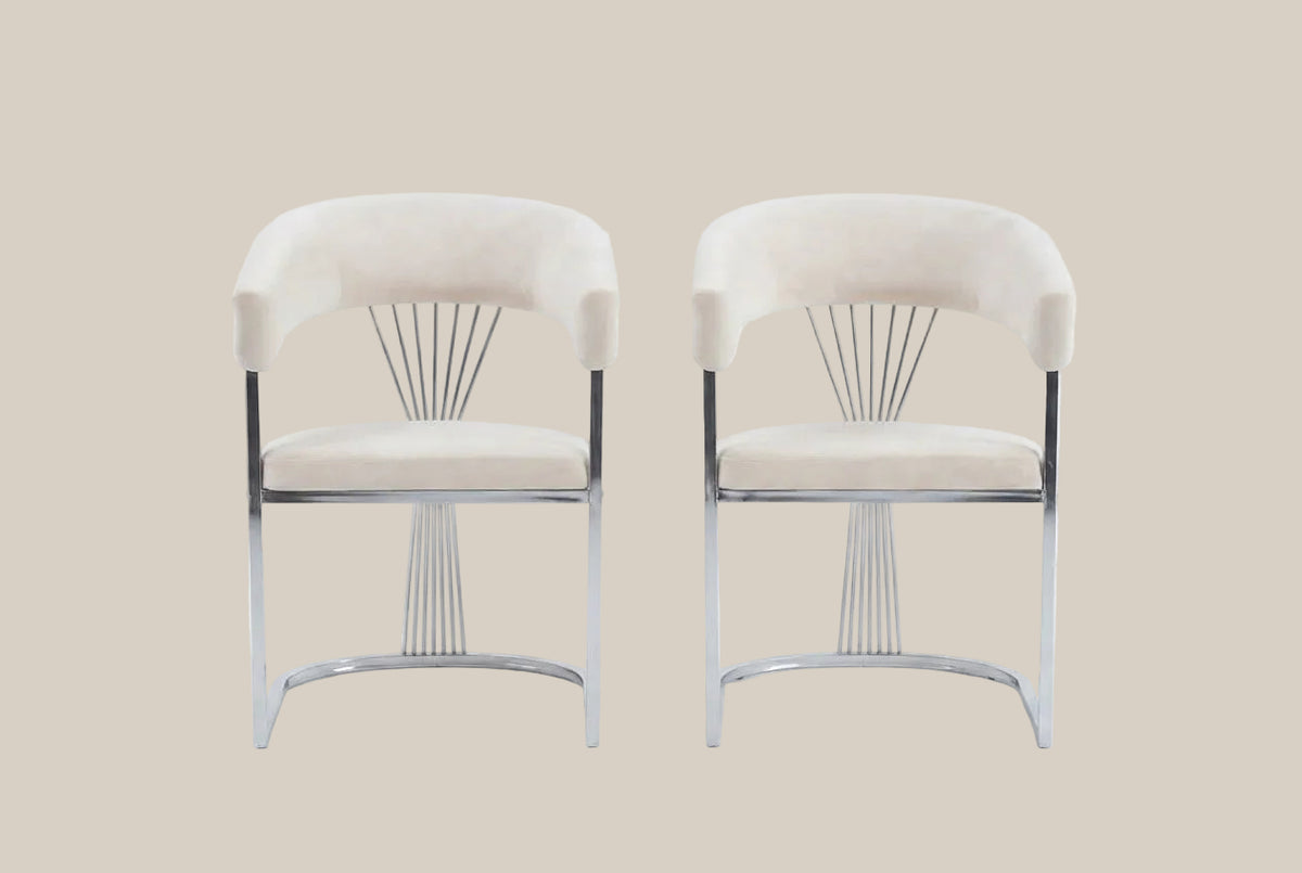 Falmere — Chaise avec accoudoirs en velours beige, piètement chrome — vue 4