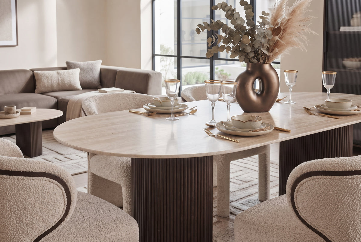 Halcote — Table à manger en céramique effet travertin mat — vue 1