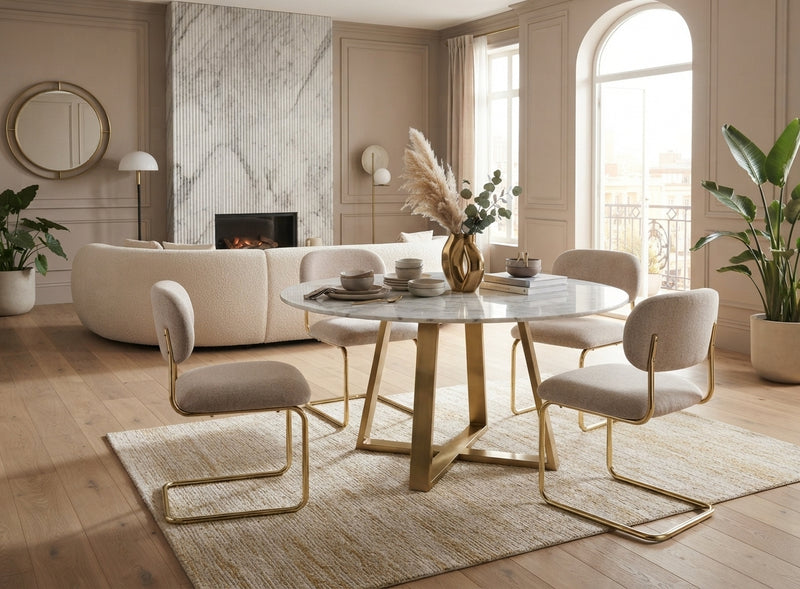 Elmore — Chaise en tissu Marbella marron glacé, piètement doré en situation