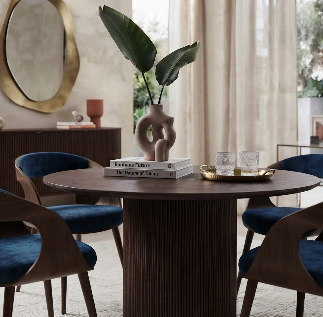 Langdon — Table à manger ronde en effet bois noyer — vue 1