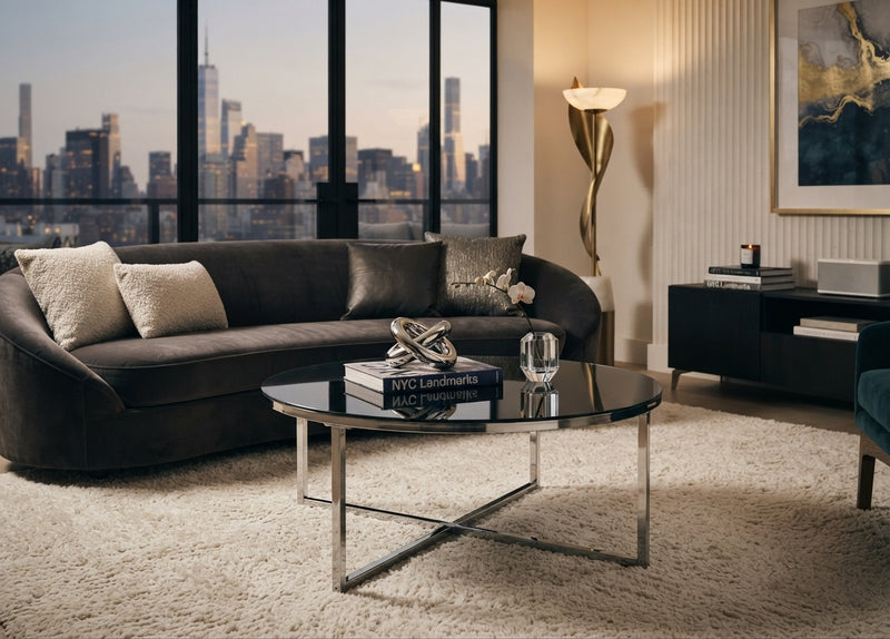 Hollis — Table basse ronde en verre et chrome