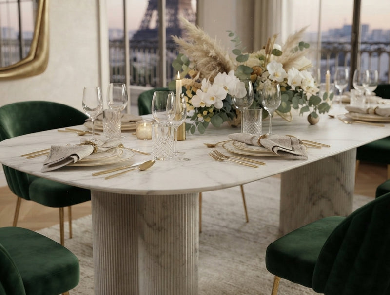 Harkdale — Table à manger en céramique effet marbre blanc en situation