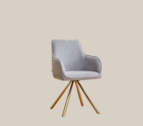 Chaise avec accoudoirs Aldwick en tissu gris, piètement métal doré, vue studio