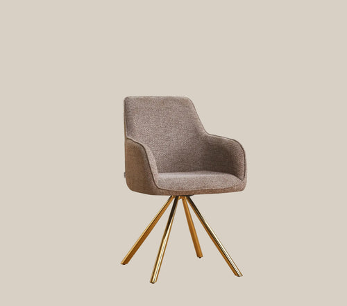 Chaise avec accoudoirs Aldwick en tissu taupe, piètement métal doré, vue studio