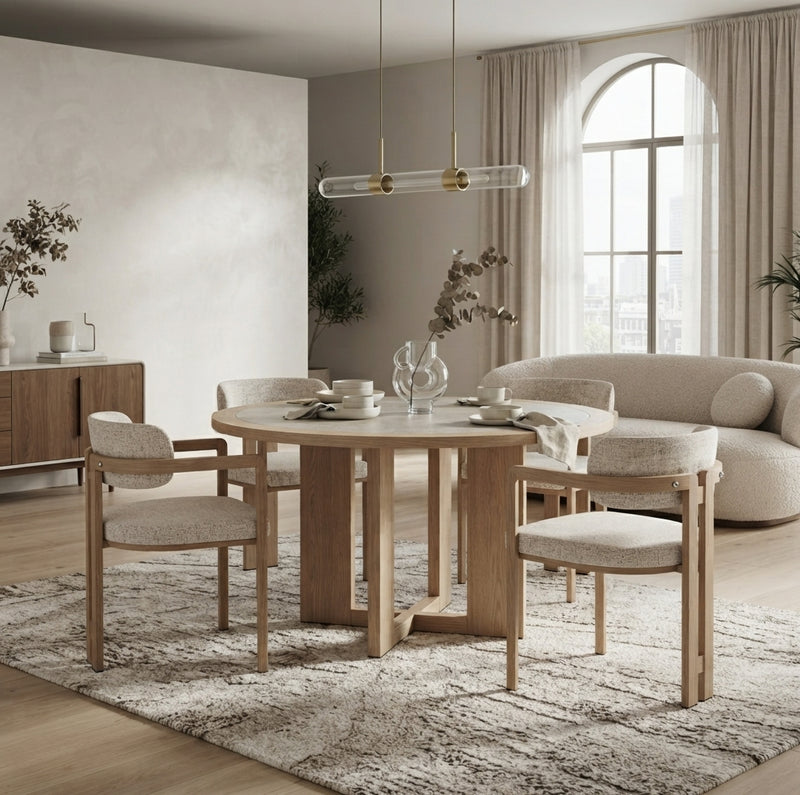 Blackwell — Chaise en tweed cappuccino, piètement effet bois en situation